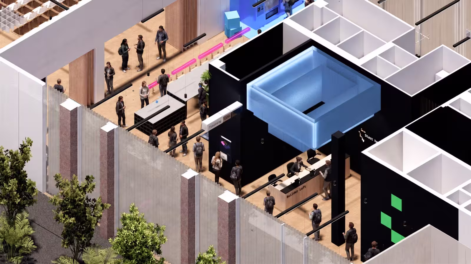 Isometric 3D rendering of the AWS Builder Loft entrance and lobby area. Visitors walk through a glass-fronted ground floor with warm wood flooring, past a reception desk labeled "Builder Loft." The space features a glowing blue holographic cube installation at center, neon pink accent lighting, potted trees along the exterior, and multiple zones visible in cutaway including a training cafe, meeting rooms, and collaborative workspaces. People mingle throughout, giving the scene an active, welcoming atmosphere.