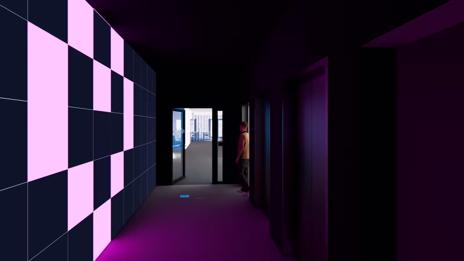 3D rendering of a dark, immersive corridor inside the AWS Builder Loft. The left wall features a large illuminated pixel-art graphic in pink and dark navy, forming an abstract geometric pattern on a grid. The hallway is dramatically lit with deep magenta flooring and purple ambient light along the right wall. A person walks toward an open doorway at the end, through which a brightly lit blue-themed room is visible. A small glowing blue floor marker provides wayfinding. The space creates a moody, transitional experience between zones of the loft.