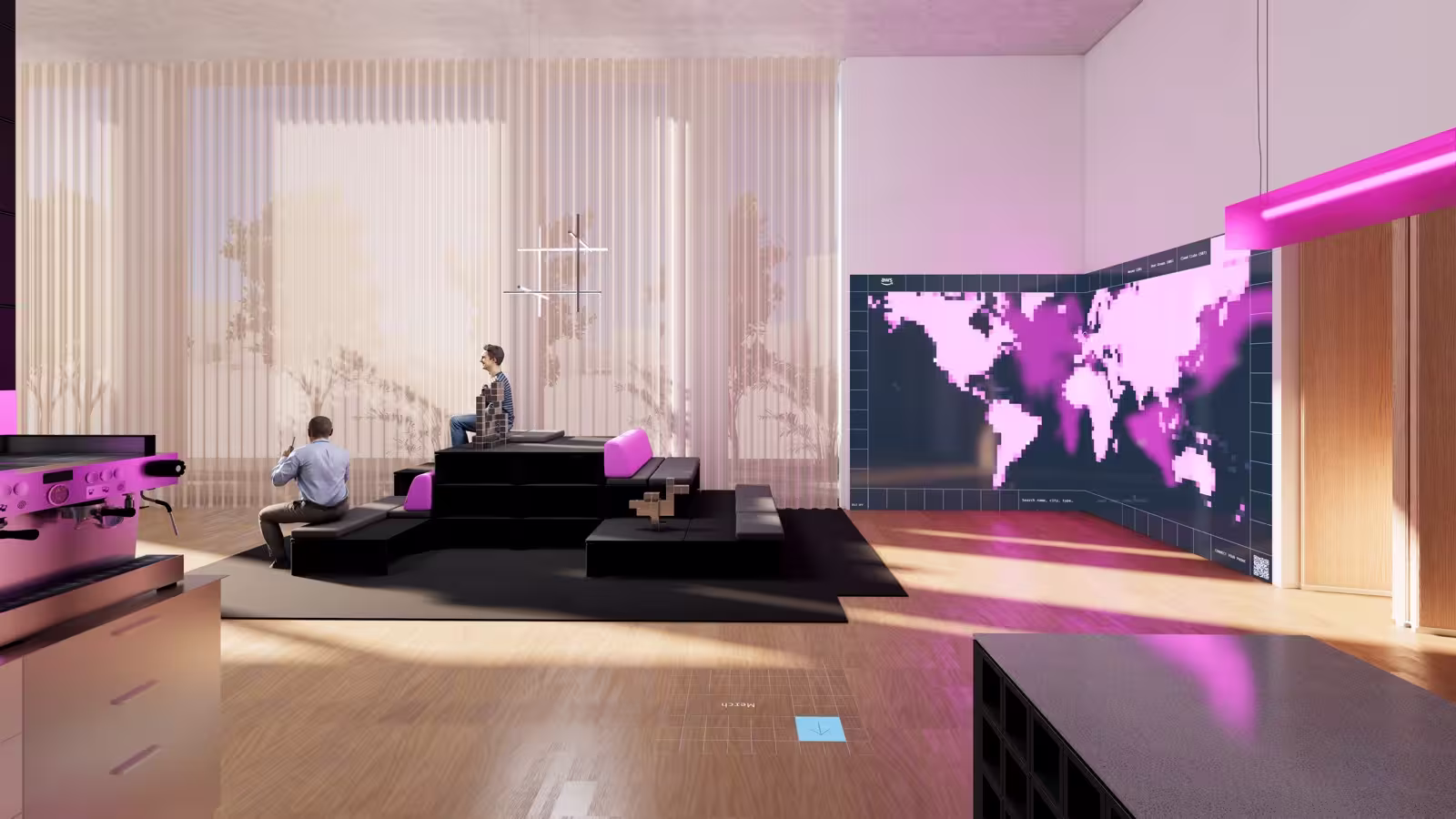 3D rendering of the AWS Builder Loft lounge and cafe area. Two people relax on tiered black seating with magenta accent cushions, one working on a laptop. To the left, a pink-lit espresso machine sits on a counter. A large wall-mounted screen displays a pixel-art world map in pink on a dark grid, highlighting global Builder Loft locations. The space features warm wood flooring, sheer floor-to-ceiling curtains with tree silhouettes visible behind them, a minimalist cross-shaped hanging light sculpture, and neon pink edge lighting along the display wall. A small interactive floor element glows in light blue. The atmosphere is casual, creative, and community-oriented.
