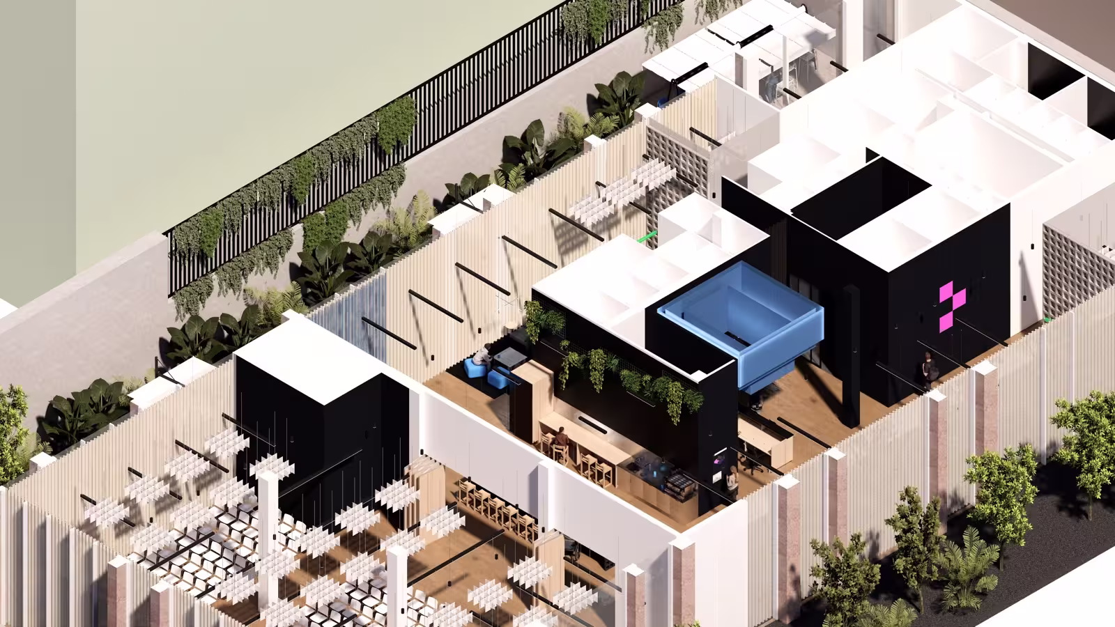 Isometric 3D rendering of an AWS Builder Loft viewed from above, showing the full layout in cutaway. The space includes multiple seating areas with rows of white chairs arranged for presentations, a cafe/bar zone with wooden tables, lush greenery along a slatted exterior wall, and a central glowing blue cube installation. A black-walled tech zone displays the AWS Builder Loft pixel-heart logo in pink. The design blends natural elements, tropical plants, wood panelling, and dappled sunlight, with modern event infrastructure, creating an inviting developer community space.