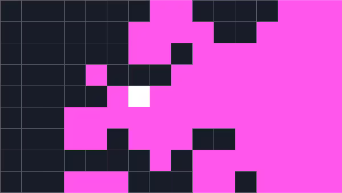 Stylized pixel-art floor map of the AWS Builder Loft Berlin. Hot pink blocks on a dark grid represent the loft's spatial layout, with a single white square marking a point of interest or entry point. The map shows a larger footprint than SFO, with the space concentrated toward the right and lower portions of the grid.