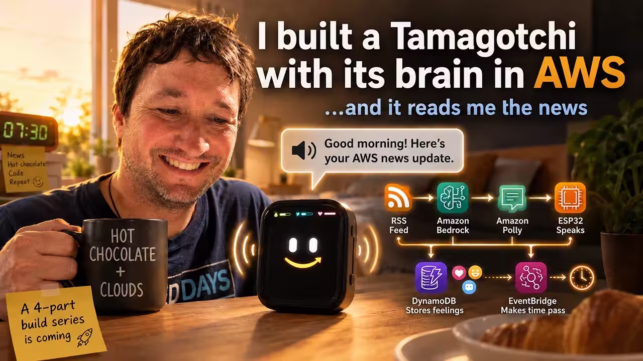 A developer advocate drinking hot chocolate looking at AWS architecture and a Tamagotchi.